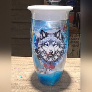 Artistic Wolf Tumbler with Blue and White Accents
